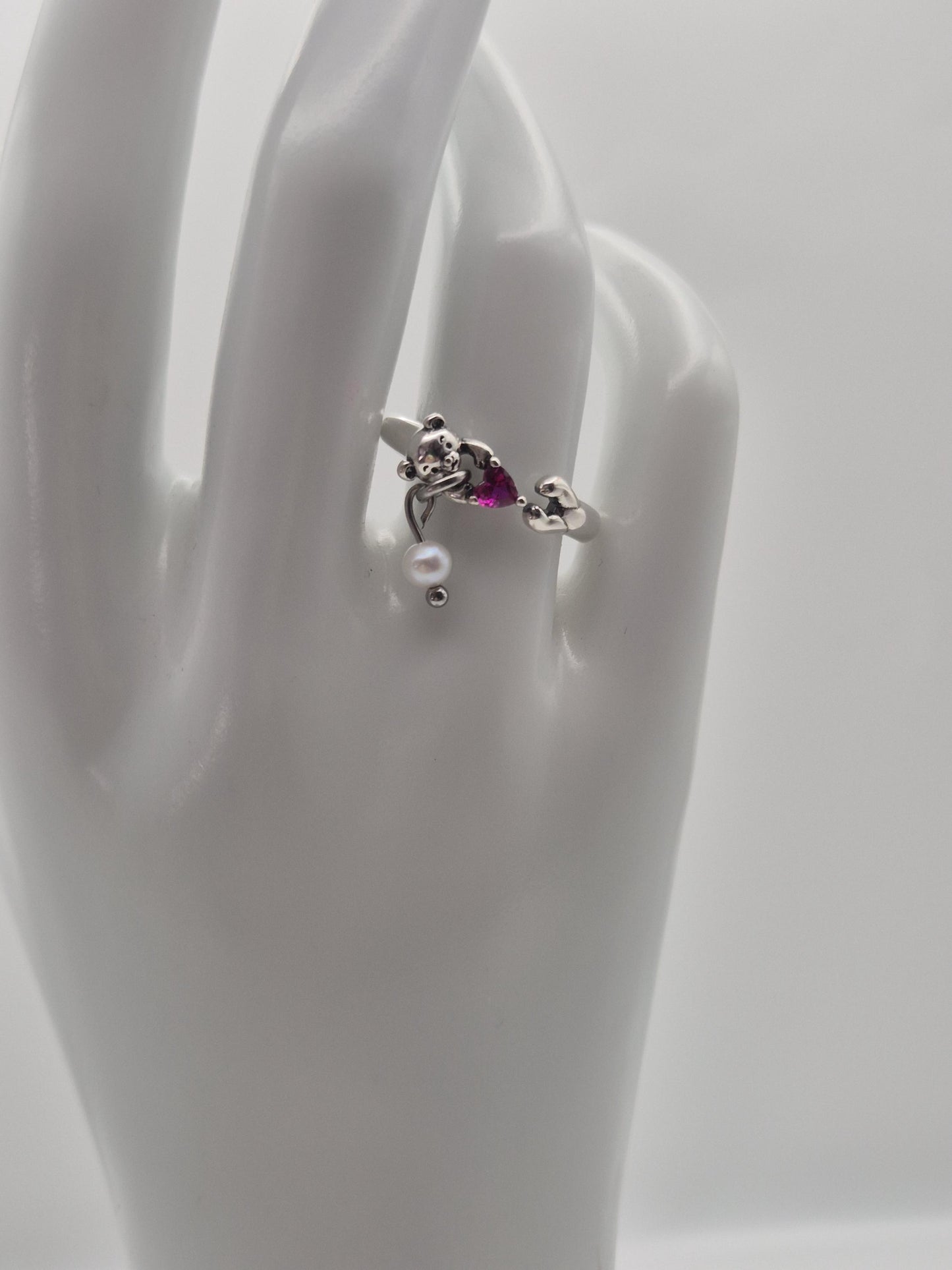 Hugging Bear Heart Mini Pearl Ring