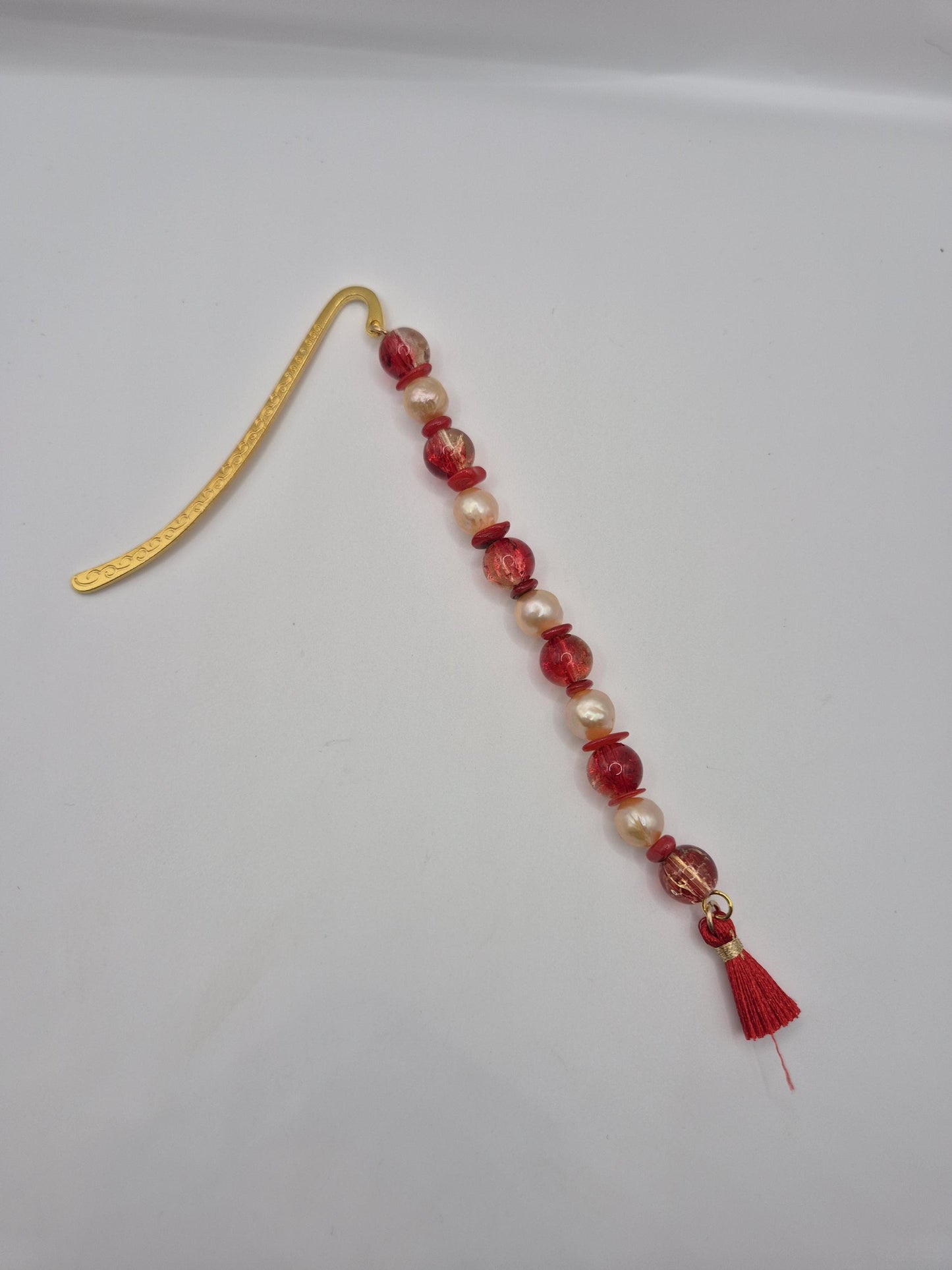 Oriental Style Pearl and Red Jasper Golden Bookmark