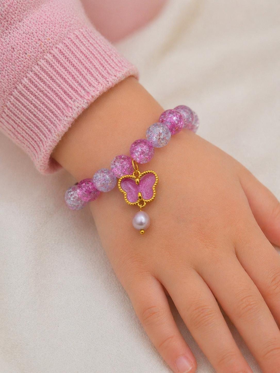 Pretty Pink Butterfly Bead & Pearl Kids Bracelet