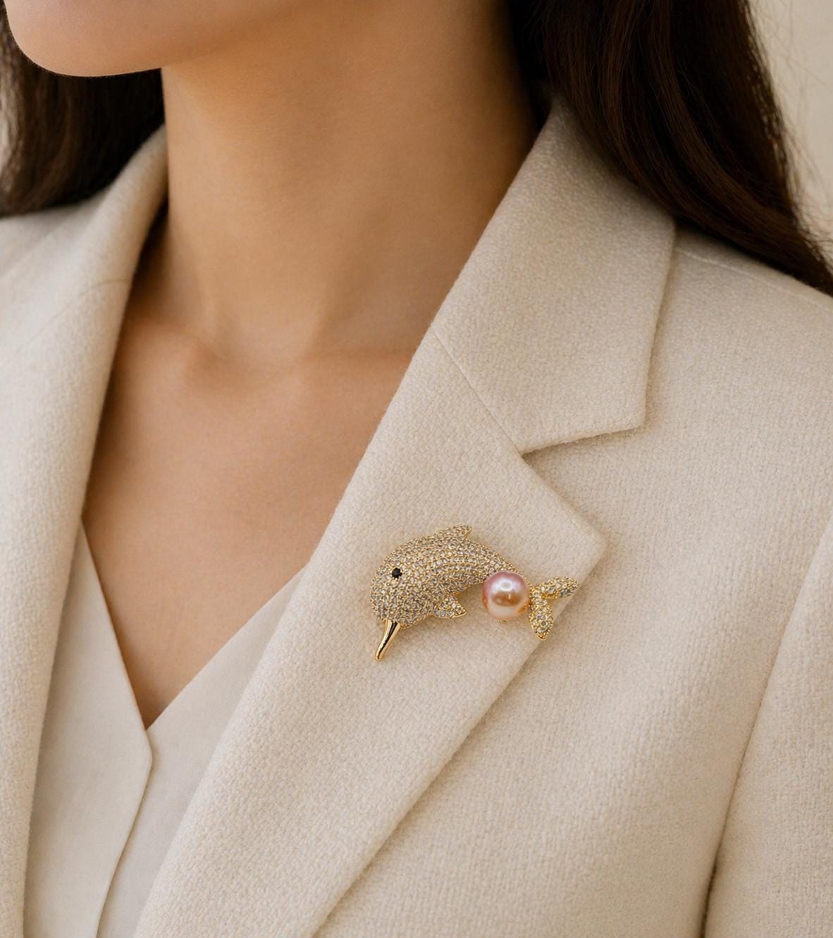 Golden Narwhal Pearl Brooch