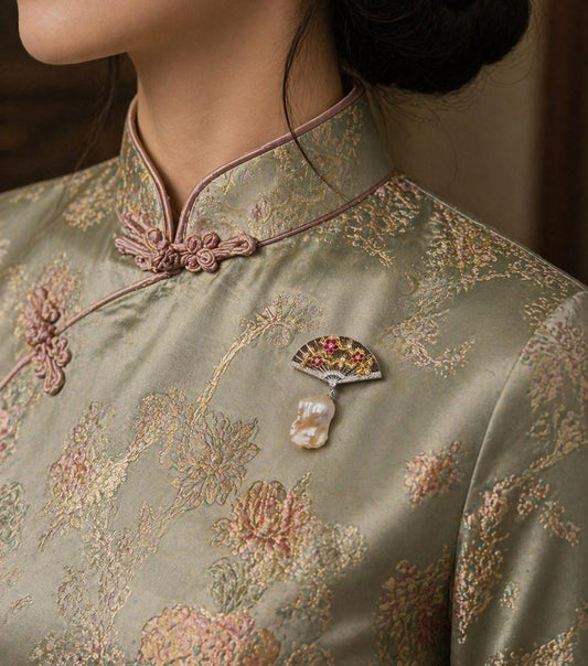 Plum Blossom Pearl Drop Fan Brooch