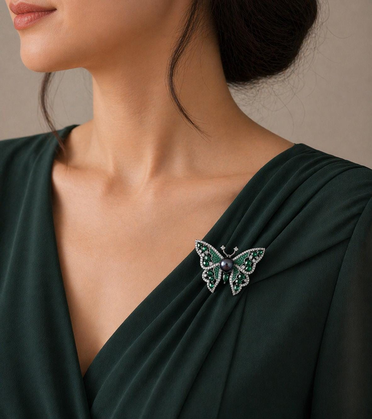 Emerald Prism Butterfly Pearl Brooch