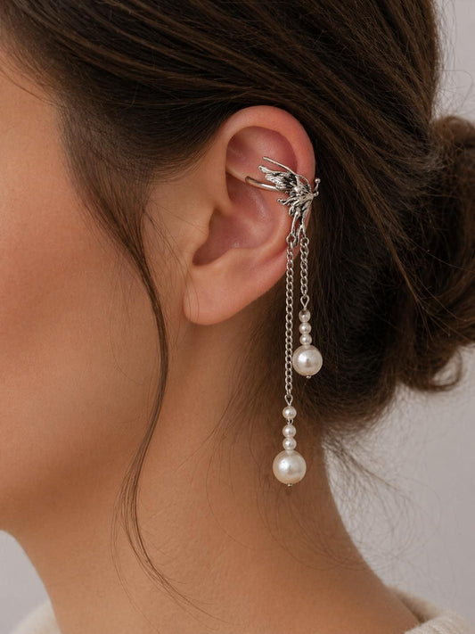 Winged Multiple Pearl Dangle Ear Cuff