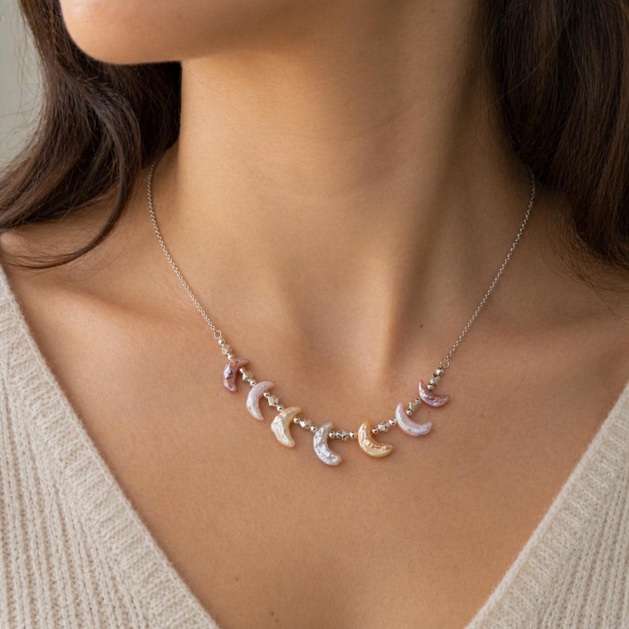Multiple Moon Pearl Necklace with Owl Toggle
