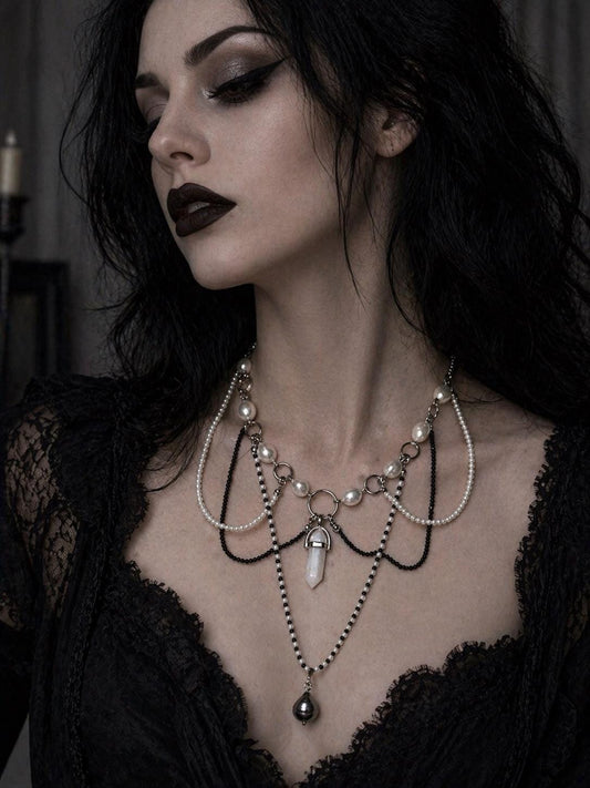 Multiple Strand Pearl & Crystal Bead Necklace with Centre Crystal, Black Tahitian + White Pearls