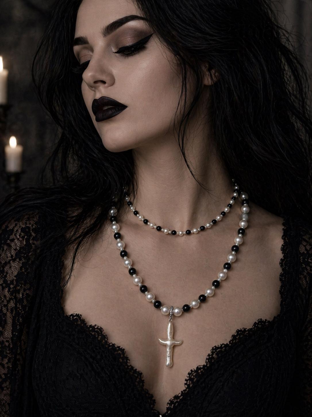 Dark Grace Pearl & Obsidian Bead Statement Necklace with Removable Pearl Pendant