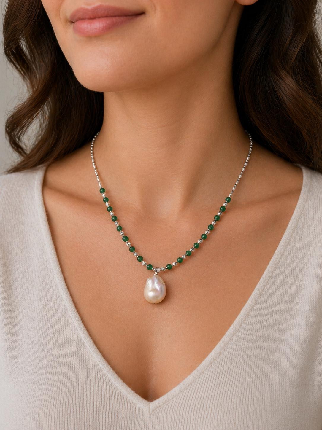 Jade & Stirling Silver Necklace with Baroque Pearl