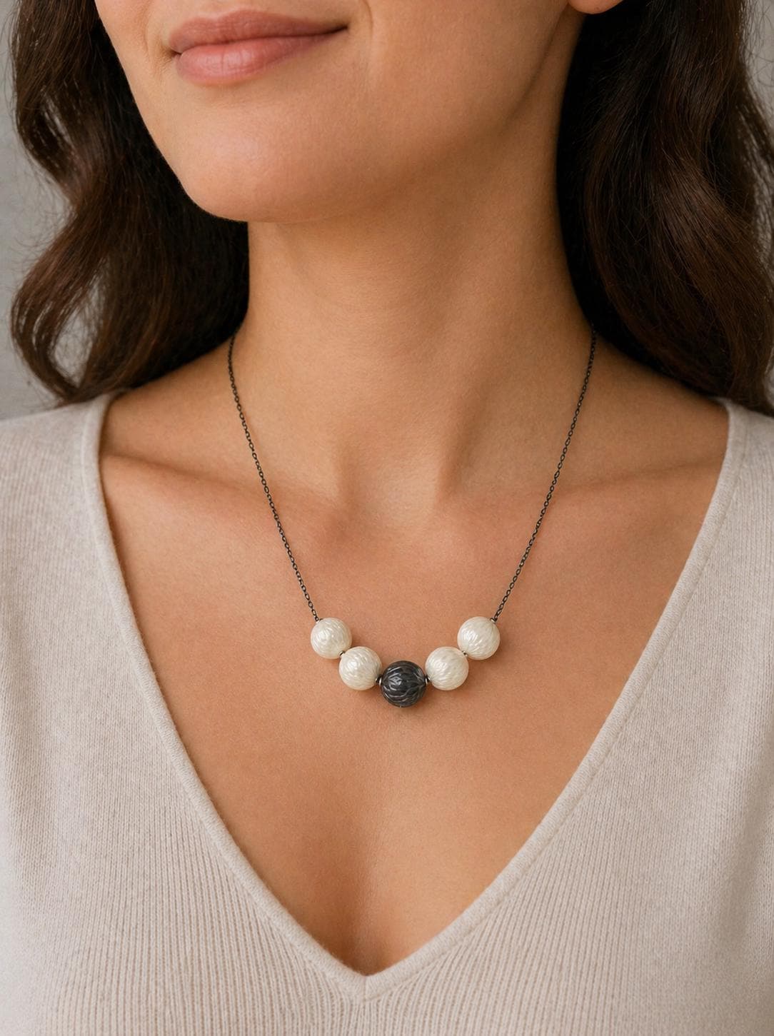 Black Tahitian and White Carved Pearl Smile Necklace