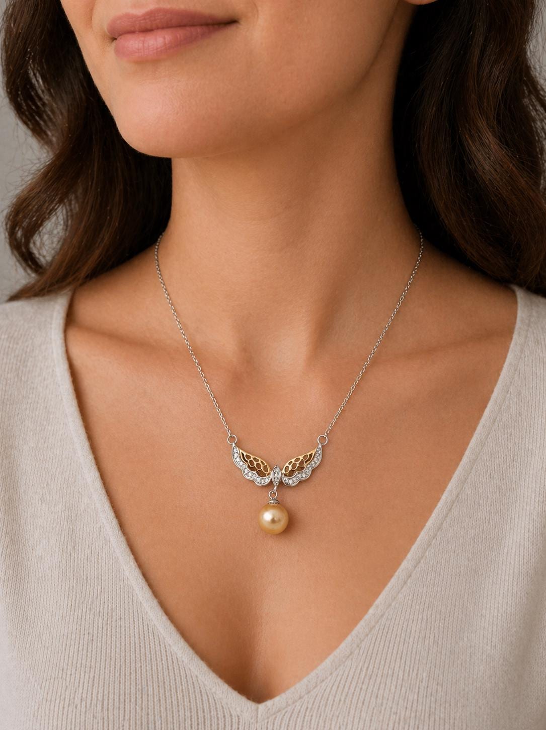 South Sea Golden Celestial Wing Pearl Necklace in Sterling Silver