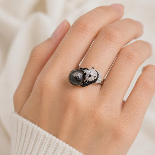 Hugging Panda Black Tahitian Ring - Sterling Silver
