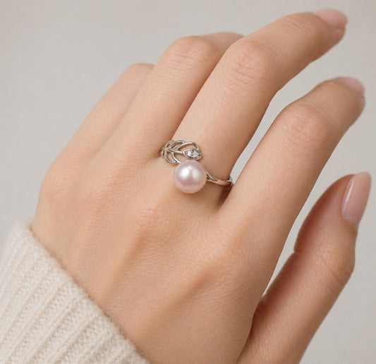 S925 Pearl and Leaf Design Adjustable Ring