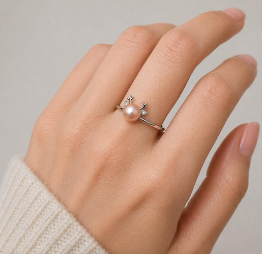 Pearl & Sterling Silver Deer Design Adjustable Ring