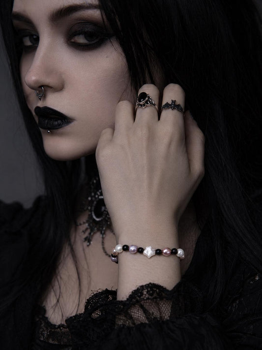 Pearl & Onyx Bead Bracelet With Star Charm