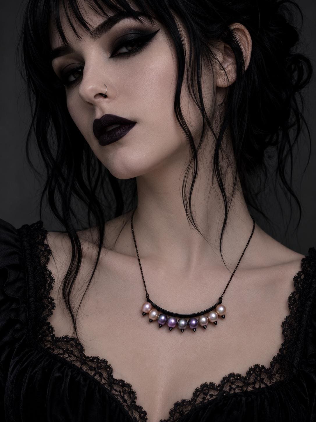 Black Spike Multi Pearl Necklace - Sterling Silver