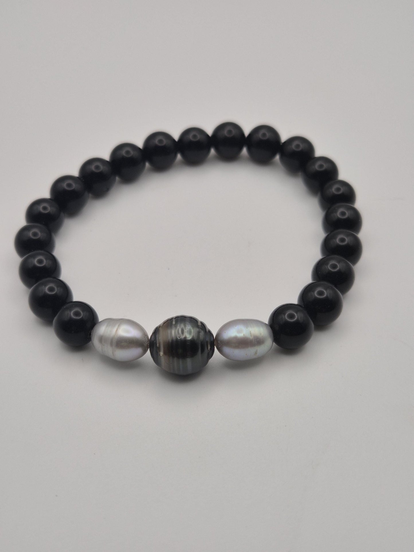 Obsidian and Black Tahitian Bracelet with Silver Pearls