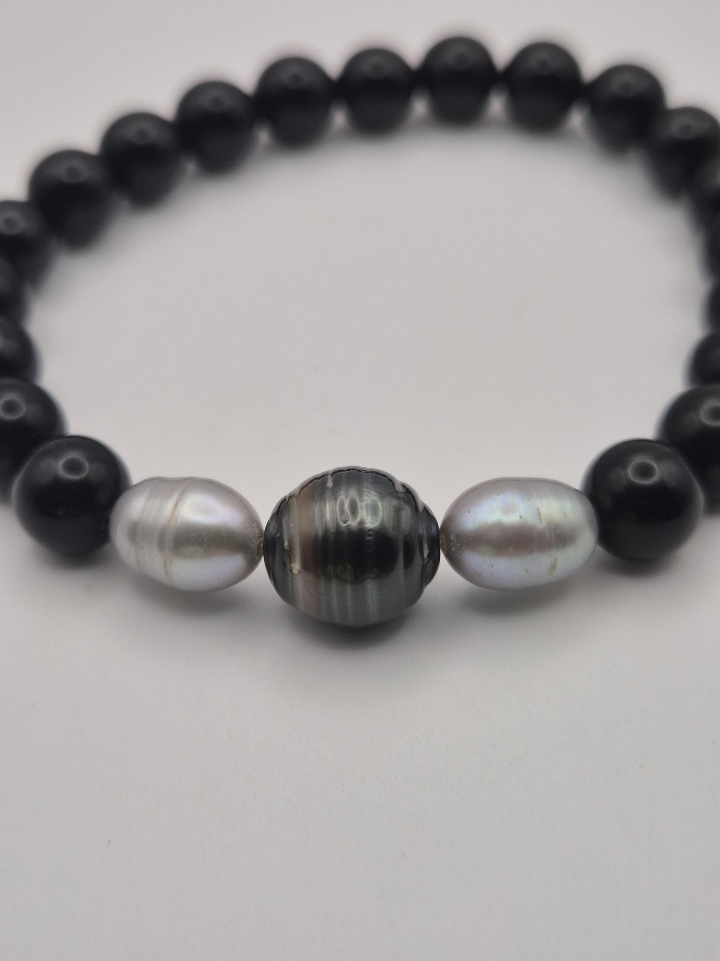 Obsidian and Black Tahitian Bracelet with Silver Pearls