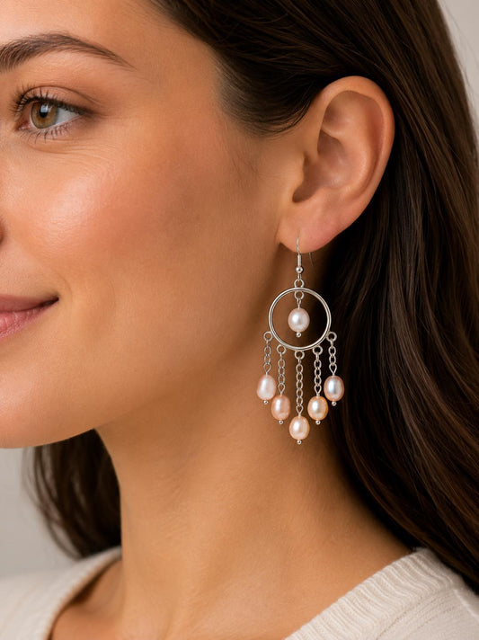 Multiple Pearl Large Dreamcatcher Hoop Dangle Earrings
