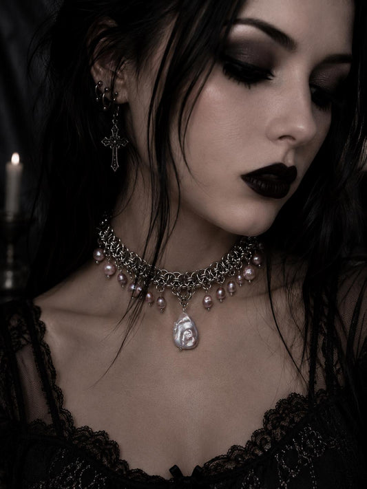 Baroque Moonfall Chainmaille Pearl Choker — Purple Freshwater Pearls