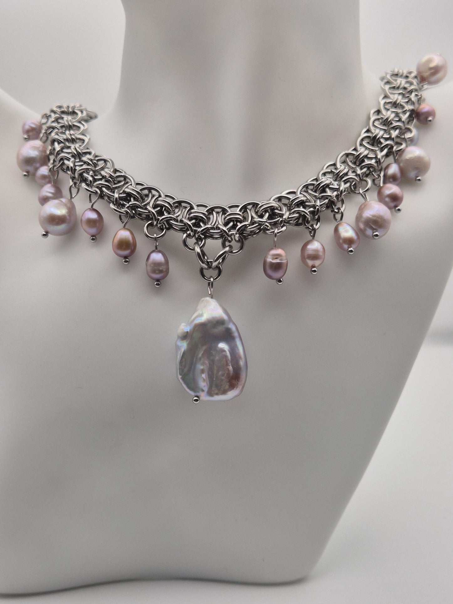 Baroque Moonfall Chainmaille Pearl Choker — Purple Freshwater Pearls