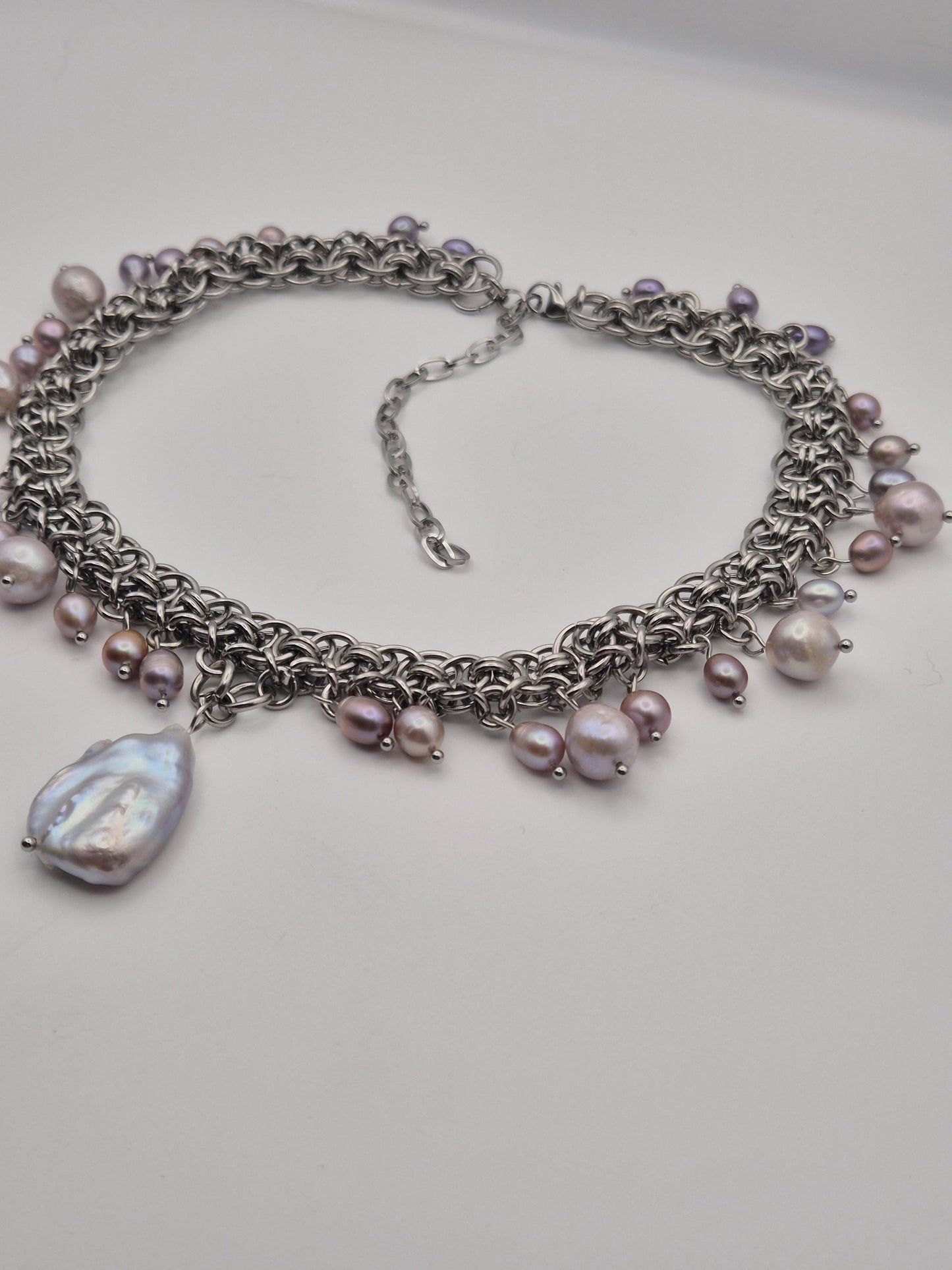 Baroque Moonfall Chainmaille Pearl Choker — Purple Freshwater Pearls