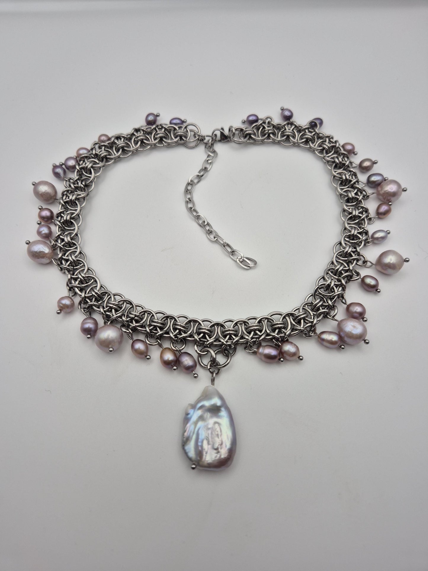Baroque Moonfall Chainmaille Pearl Choker — Purple Freshwater Pearls