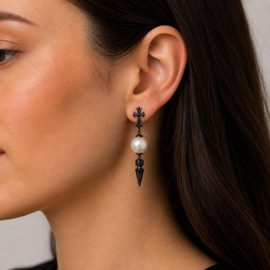 Nocturnal Crucifix Edison Pearl Drop Earrings