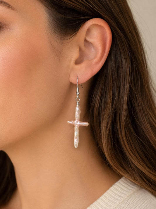 Large Pearl Cross Earrings