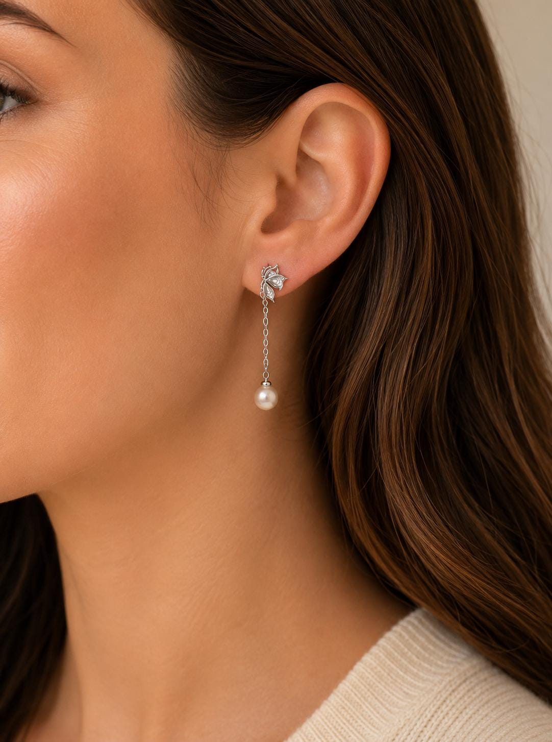 Silver Butterfly Saltwater Pearl Drop Stud Earrings