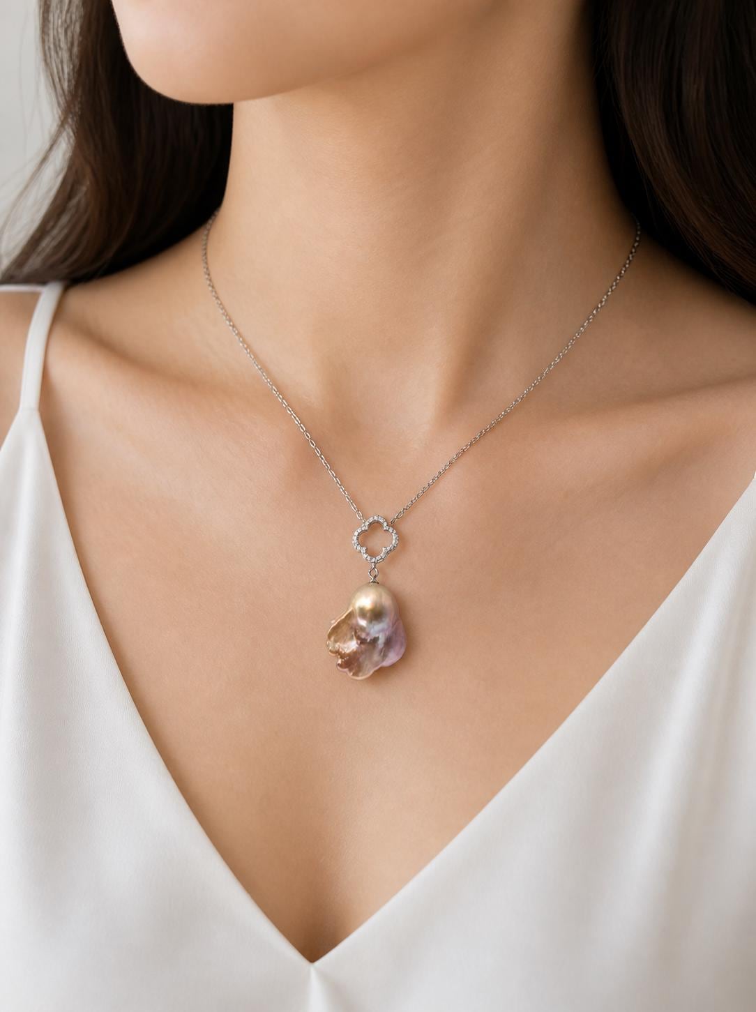 Sterling Silver Sparkle Clover King Pearl Drop Necklace