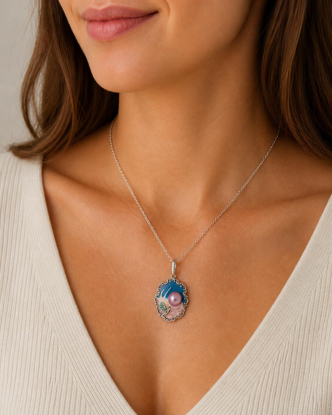 Flower Painting Design Pearl Pendant - Sterling Silver