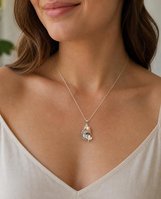 King Pearl Flower Wrap Pendant - Sterling Silver
