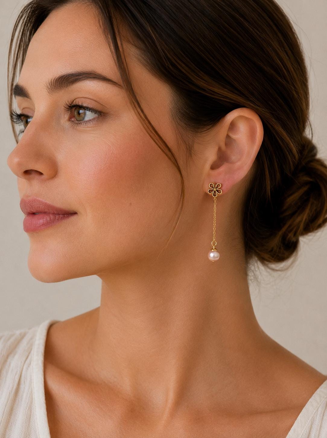 Golden Flower Removable Pearl Drop Earrings