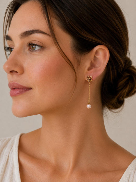 Golden Flower Removable Pearl Drop Earrings
