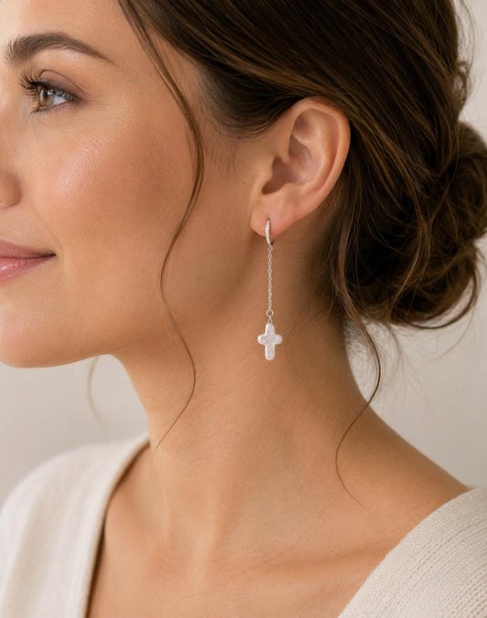 Mini Cross Pearl Drop Sterling Silver Earrings