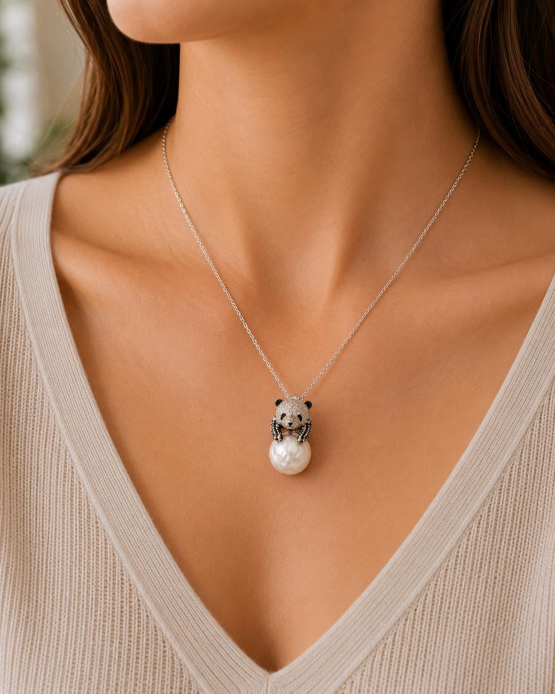 Carved Edison Pearl Panda Pendant - Sterling Silver