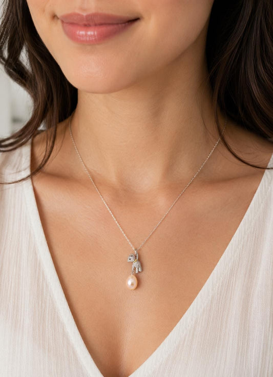 Whimsical Teddy Bear Pearl Pendant - Sterling Silver