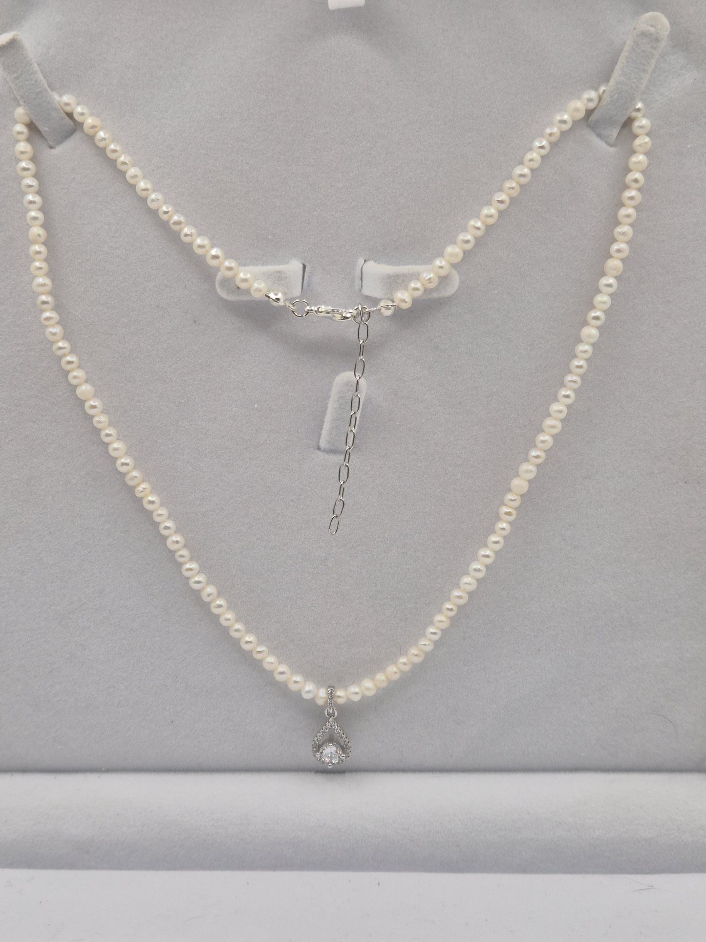 Classic Bridal Pearl Necklace — Genuine Mini Pearls & CZ Pendant