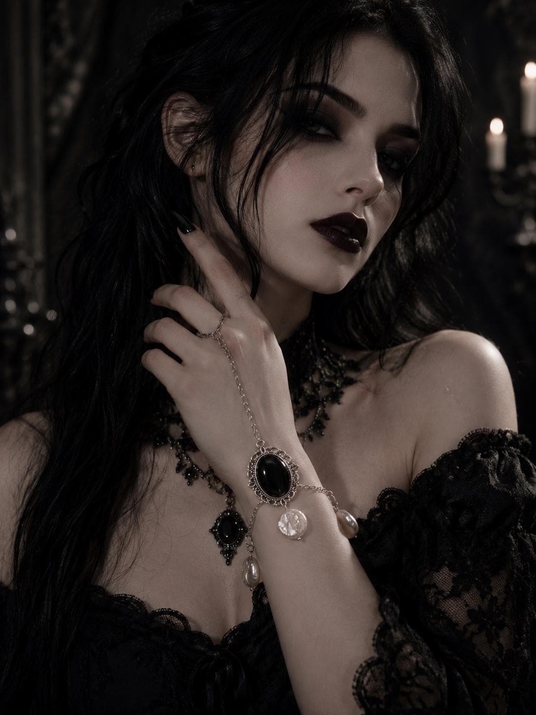 Victorian Midnight Cameo & Pearl Hand Chain Bracelet