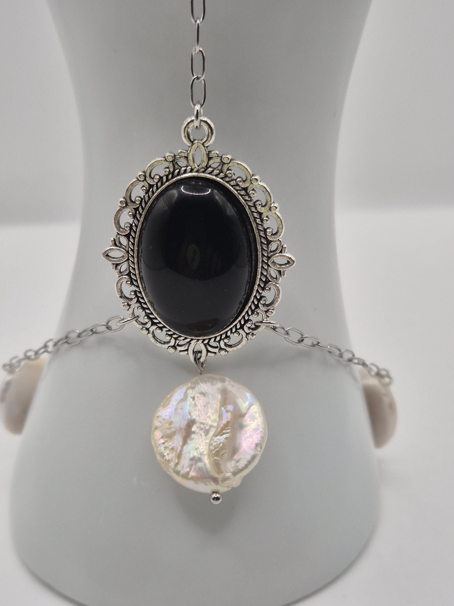Victorian Midnight Cameo & Pearl Hand Chain Bracelet