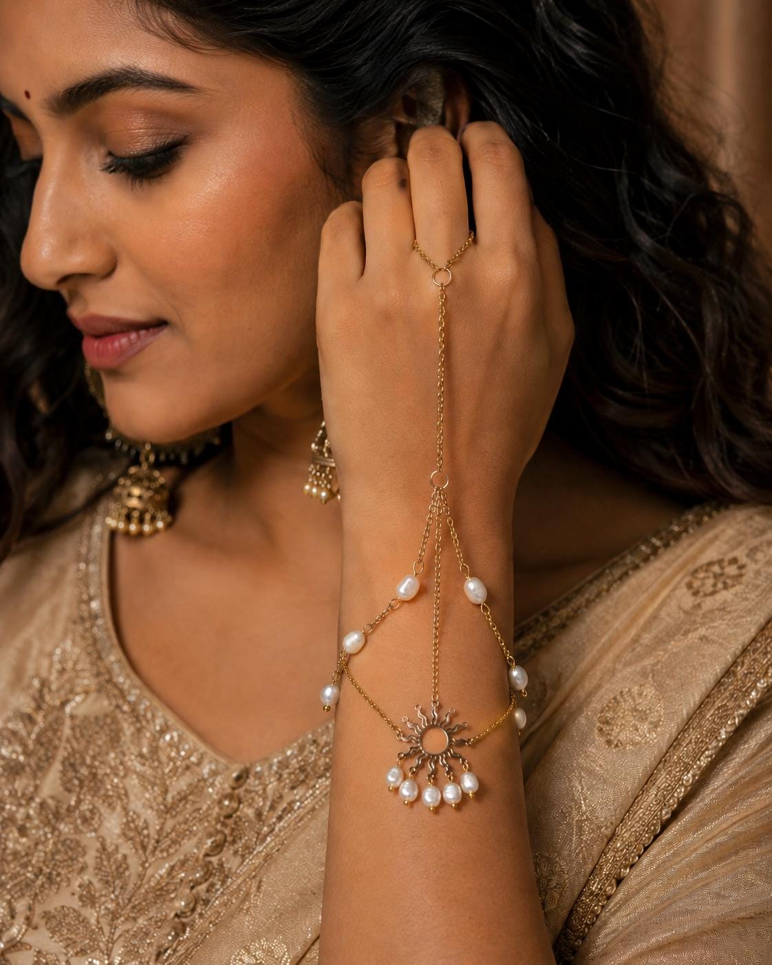 Golden Sun Pearl Hand Chain Bracelet