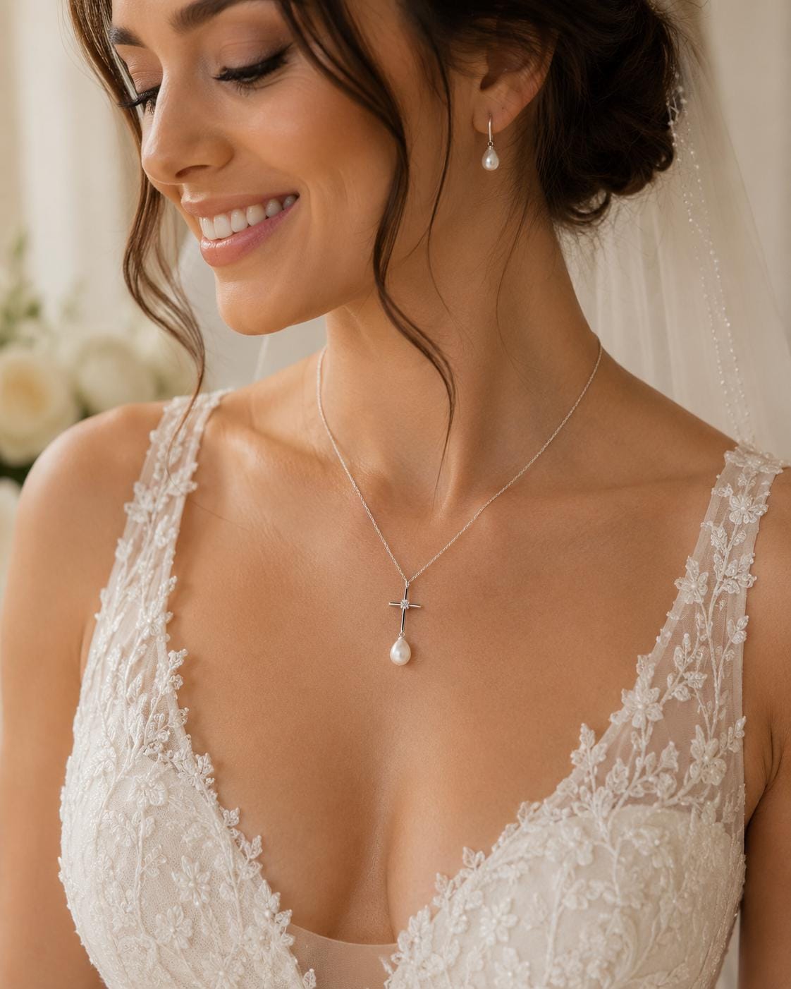 Classic Pearl Drop Silver Cross Pendant