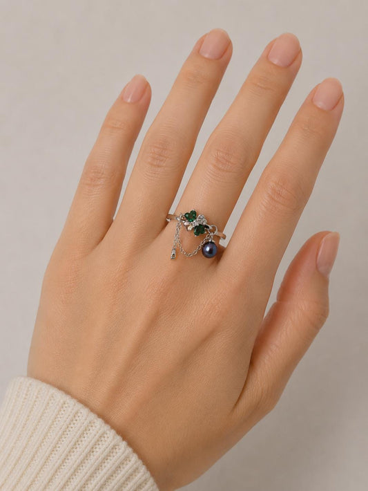 Lucky Clover Pearl Drop Adjustabe Ring