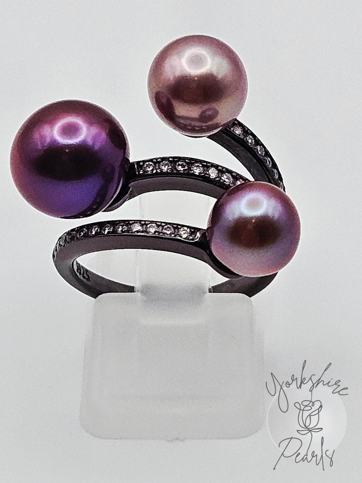 Triple Pearl Black Band Sparkle Ring - Sterling Silver
