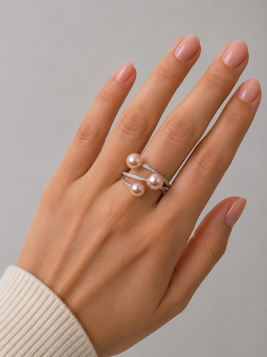 Triple Edison Pearl Sparkle Adjustable Ring - Sterling Silver