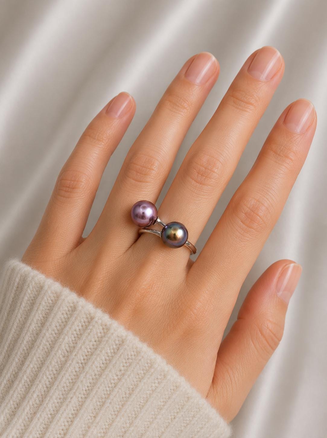 Double Edison Pearl Adjustable Ring - Sterling Silver