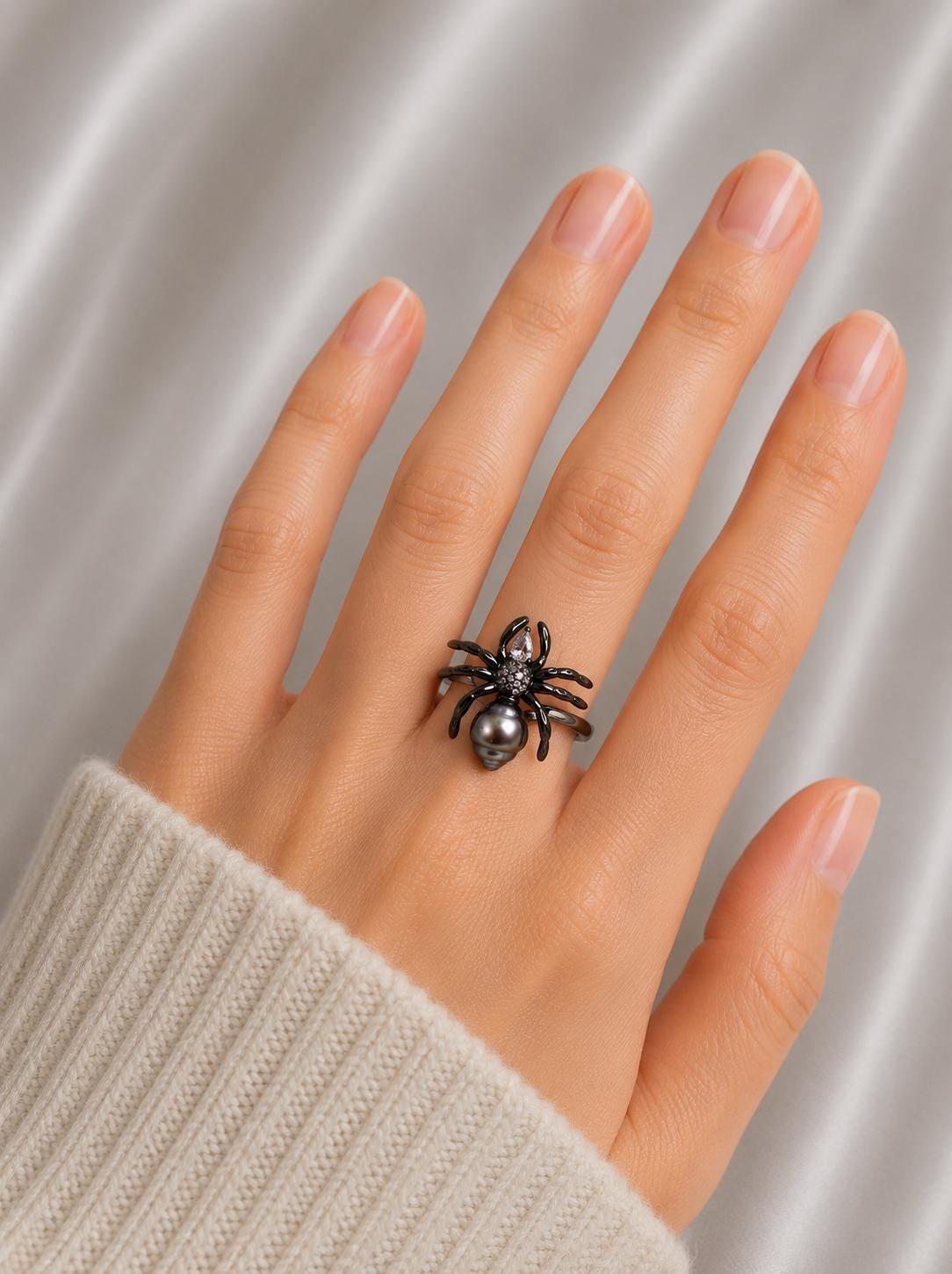 Black Tahitian Gothic Spider Pearl Ring - Sterling Silver