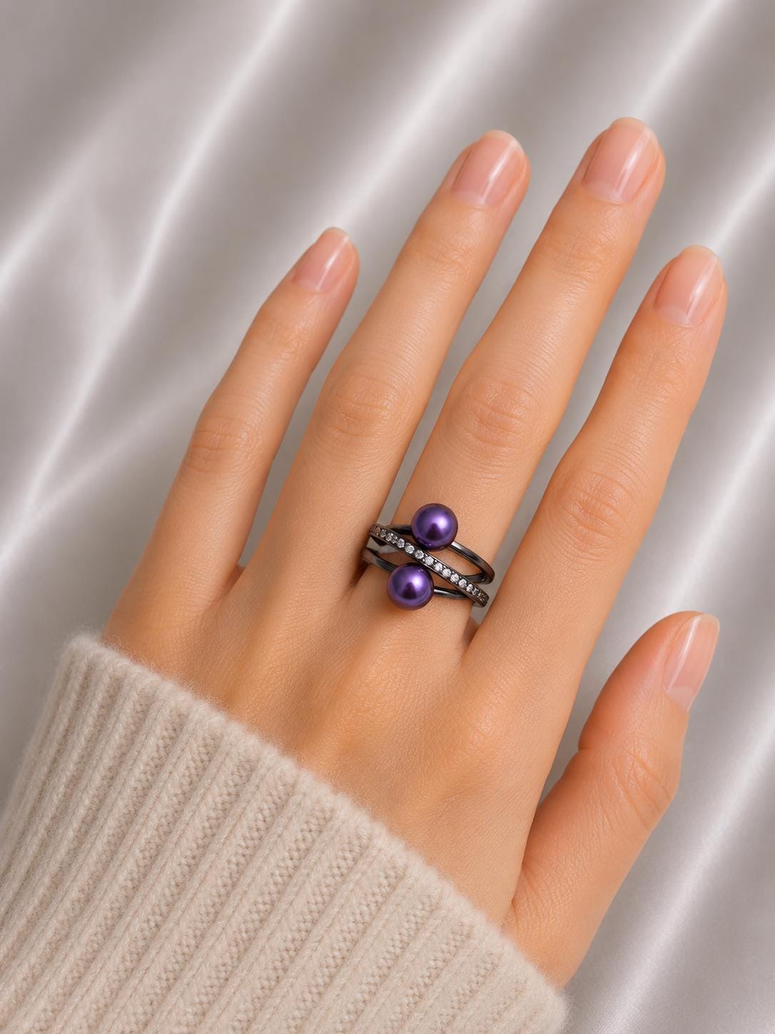 Double Pearl Cross Band Adjustable Ring - Sterling Silver