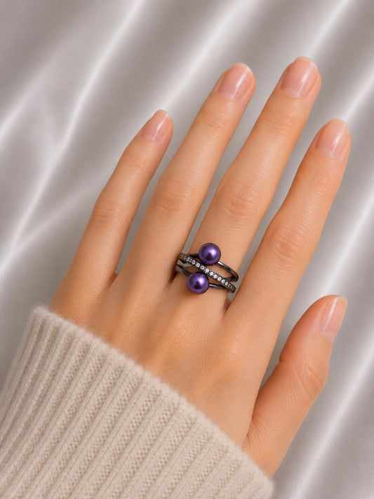 Double Pearl Cross Band Adjustable Ring - Sterling Silver
