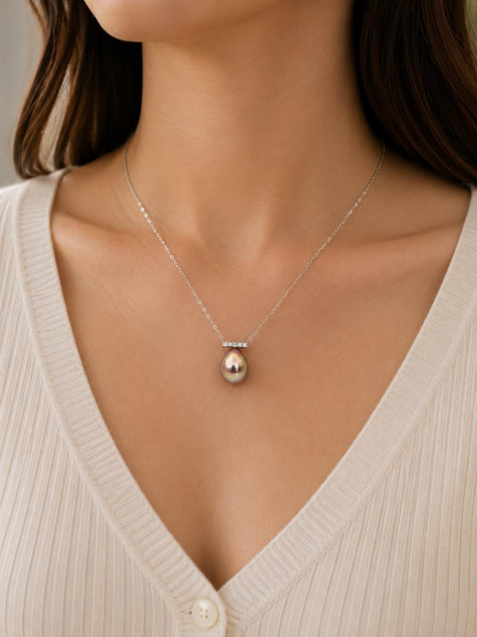 Minimalist Metallic Pearl Necklace - Sterling Silver