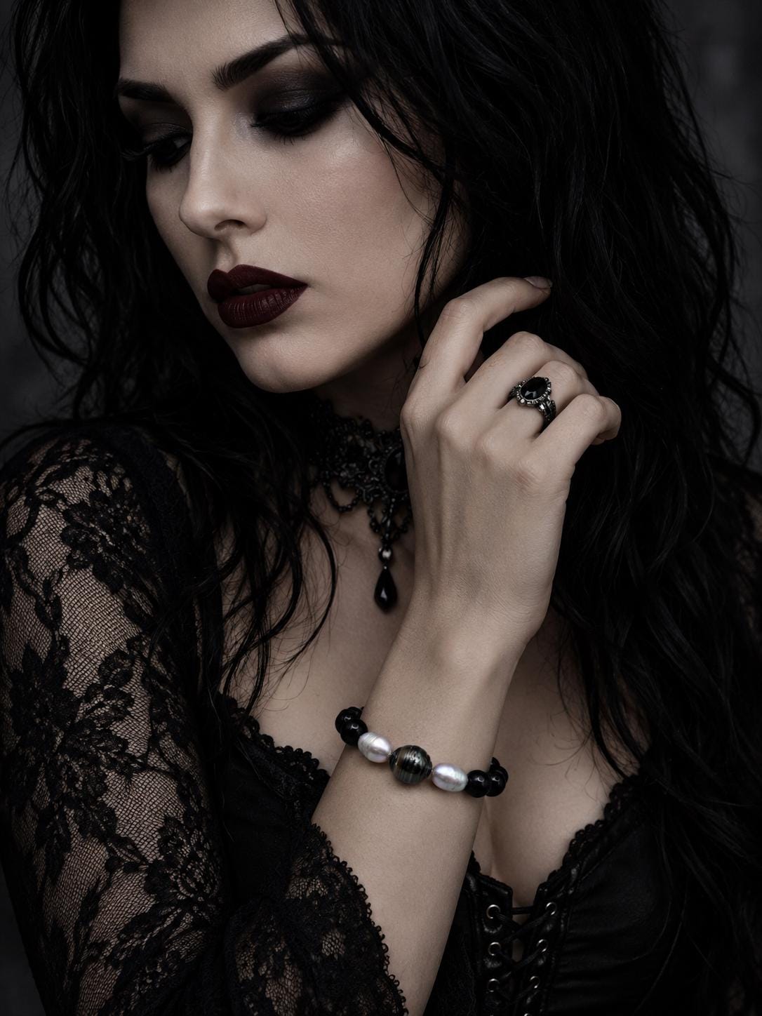 Obsidian and Black Tahitian Bracelet with Silver Pearls